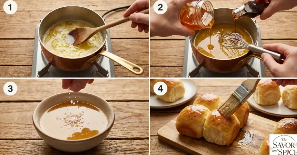 Step-by-step collage showing how to make Honey Butter Glaze for Dinner Rolls.
