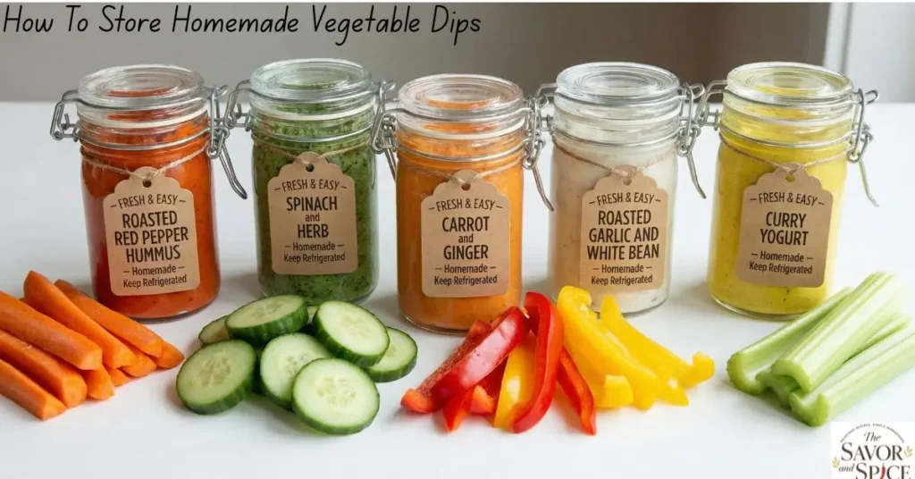 Homemade vegetable dips stored in glass jars with fresh vegetables.