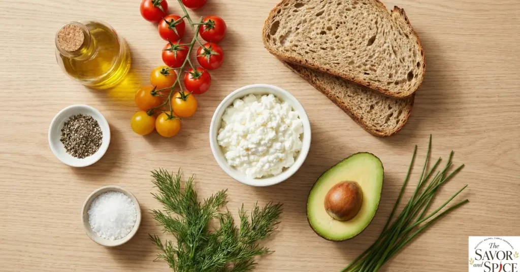 Ingredients for high-protein cottage cheese toast on wooden surface.