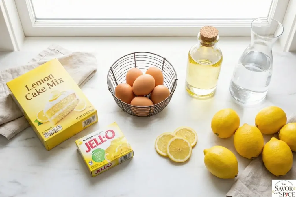 Ingredients for lemon jello cake, including lemon cake mix and lemon jello.