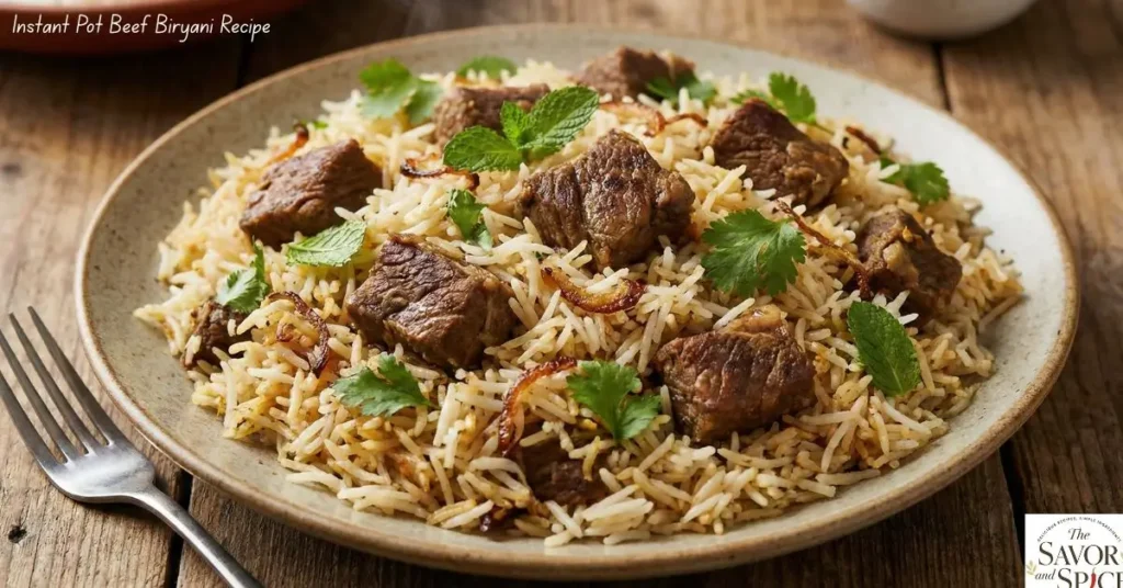 Instant Pot Beef Biryani with fluffy basmati rice, tender beef chunks, and fresh cilantro and mint garnish on a white plate.