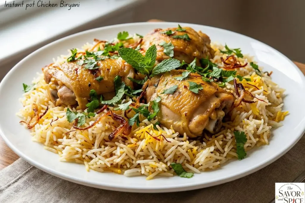 Close-up of a plate of Instant Pot chicken biryani with tender chicken thighs chunks, fluffy basmati rice, and garnished with fresh cilantro and mint on a white plate, ready to serve.