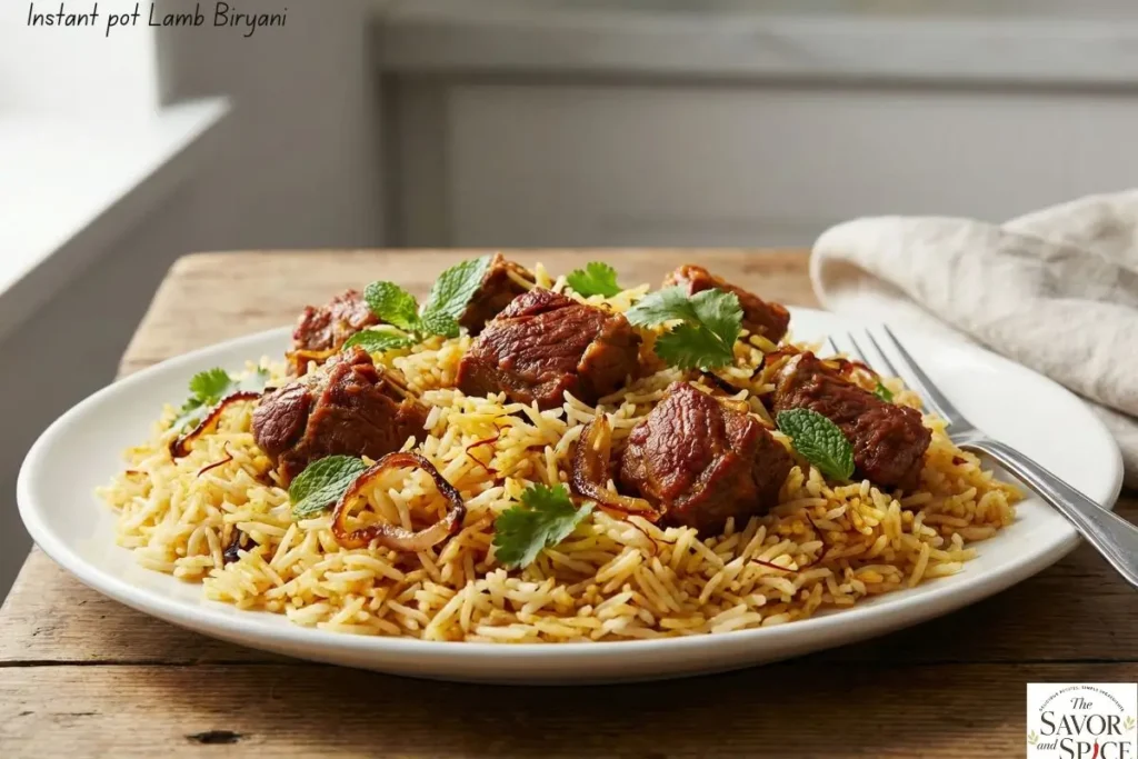Close-up of a plate of Instant Pot lamb biryani with tender lamb chunks, fluffy basmati rice, and garnished with fresh cilantro and mint on a white plate, ready to serve.