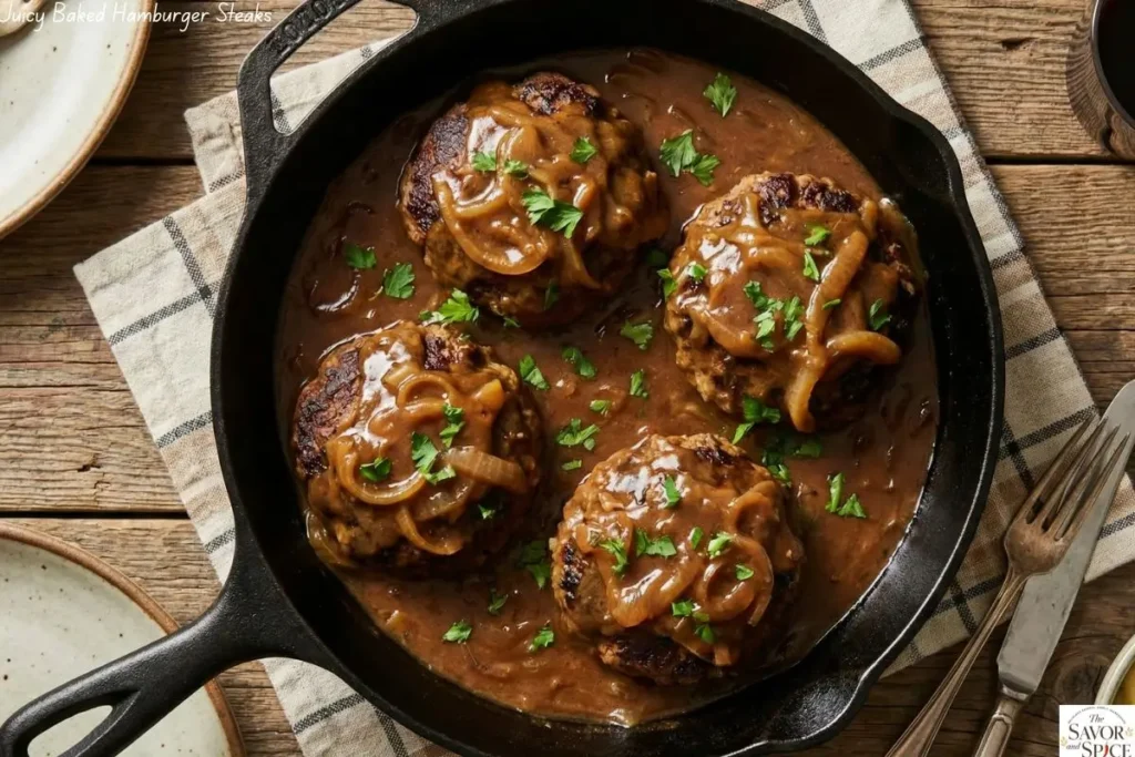 Oven baked hamburger steaks ready to serve in skillet.