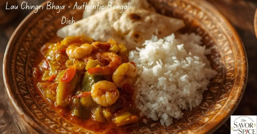 Authentic Bengali Lau Chingri Bhaja served on a plate, featuring pan-fried shrimp and bottle gourd with aromatic spices.