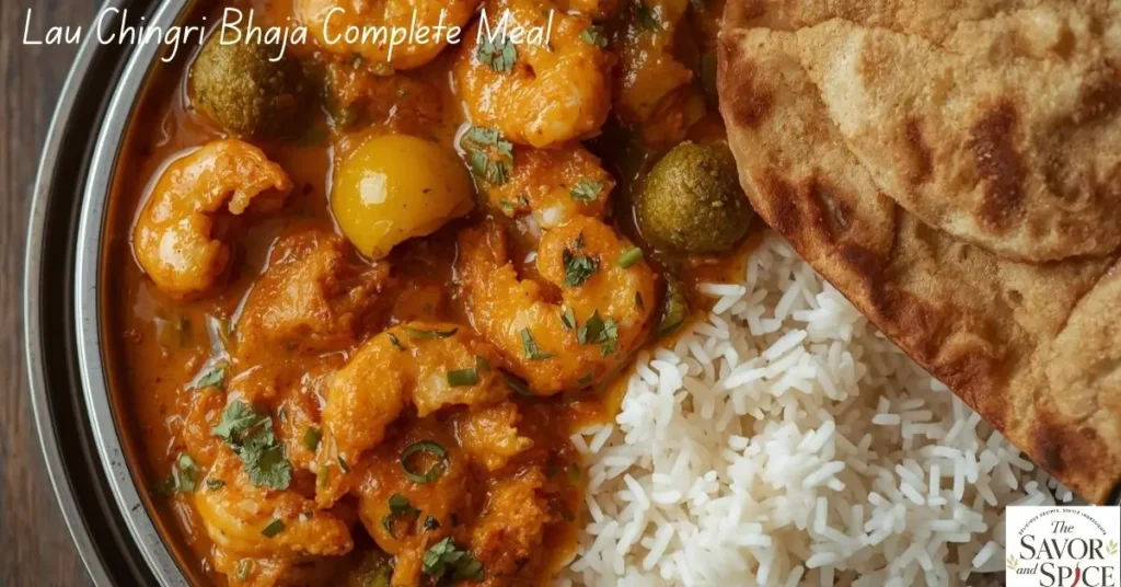 Authentic bengali Lau Chingri Bhaja served as a complete Bengali meal with steamed white rice, roti, and fresh side salad.