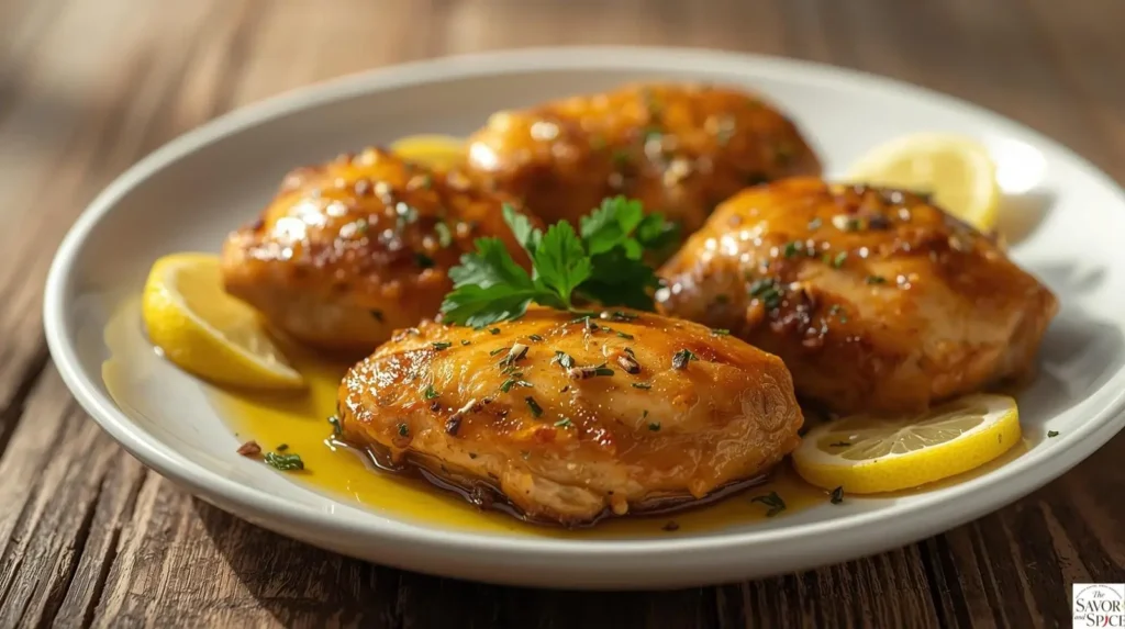 Lemon herb chicken served on a plate with fresh lemon slices and herbs