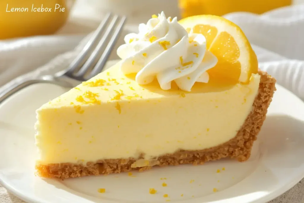 Refreshing lemon icebox pie with graham cracker crust and creamy filling, easy no-bake summer dessert recipe.