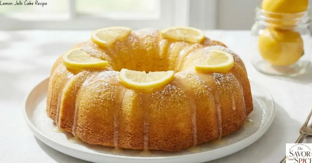 Lemon jello cake with lemon glaze and fresh lemon slices on a white plate.