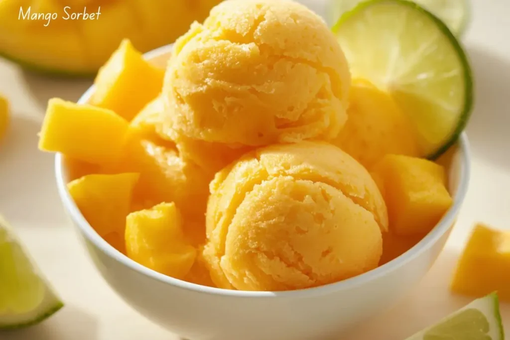Smooth mango sorbet made with frozen mango, honey, and lime, refreshing tropical no-bake summer dessert.