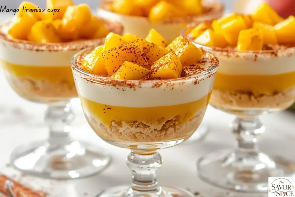 Mango tiramisu cups in clear glasses - one of the easy 3-ingredient no-bake desserts, layered with creamy mascarpone and fresh mango, colorful and refreshing.