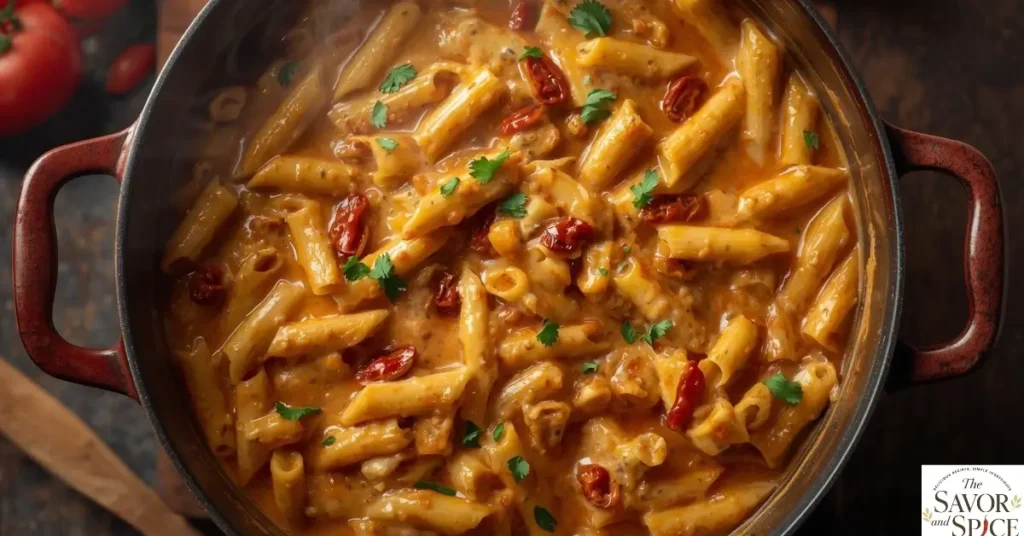 Marry Me Chicken Pasta served in a pot.