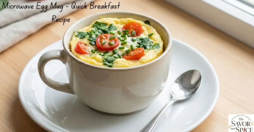 Microwave egg mug ready in 10 minutes, fluffy and golden with fresh spinach and tomato garnish, quick and easy breakfast idea.