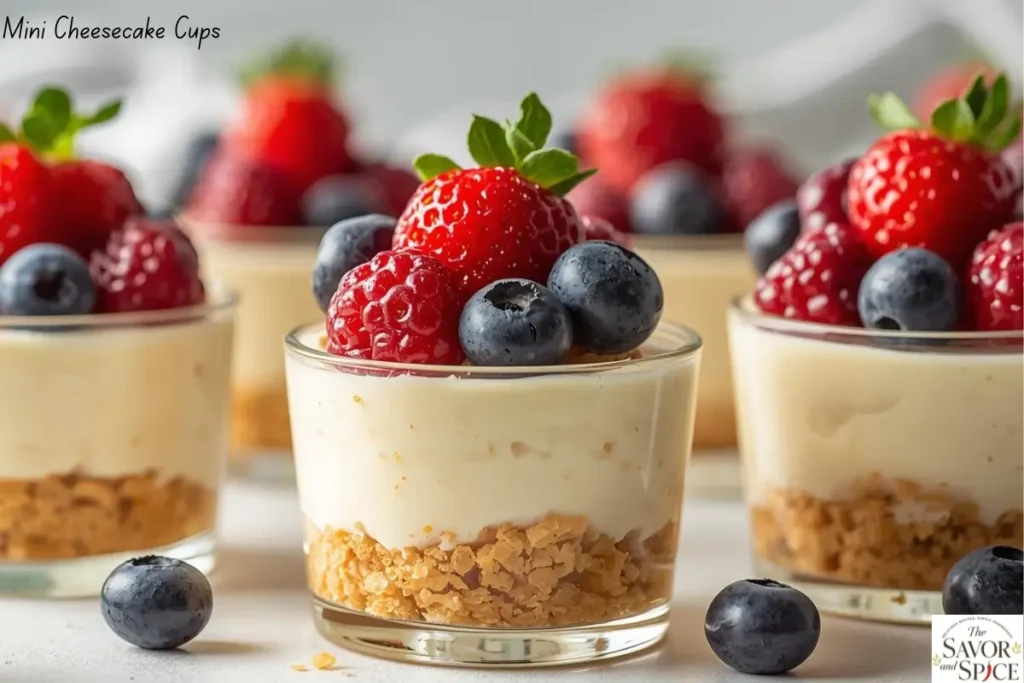 Mini no-bake cheesecake cups in clear glasses, layered with biscuit base and creamy filling, topped with berries - colorful and simple no-bake desserts from pantry ingredients