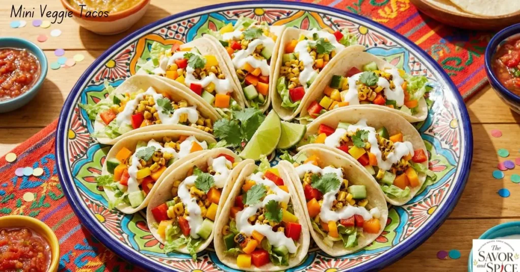Mini Veggie Tacos filled with bell peppers, cucumber, lettuce, corn, and drizzled with yogurt sauce on a platter.