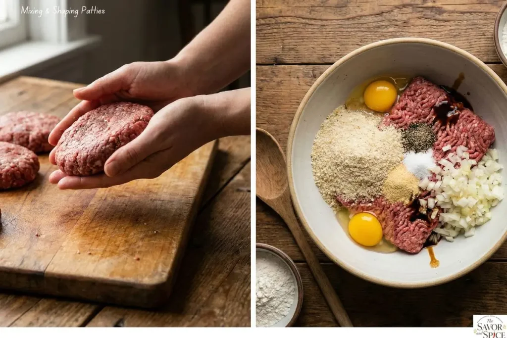 Mixing and shaping ground beef into oval patties for hamburger steaks.