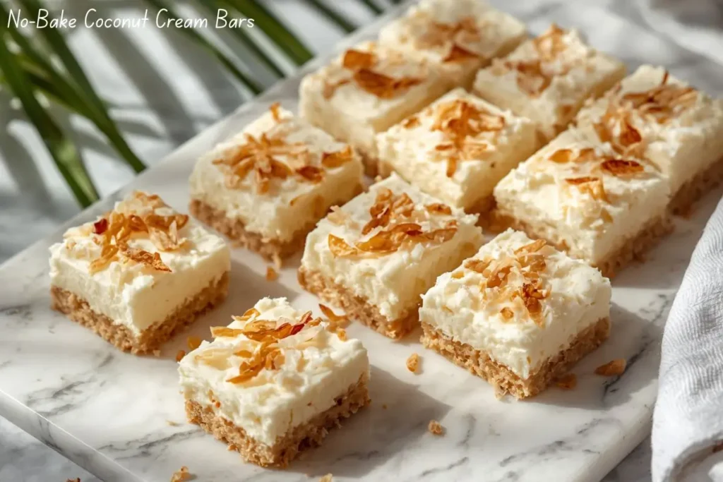 Coconut cream bars with graham cracker base and shredded coconut topping, creamy 3-ingredient tropical dessert