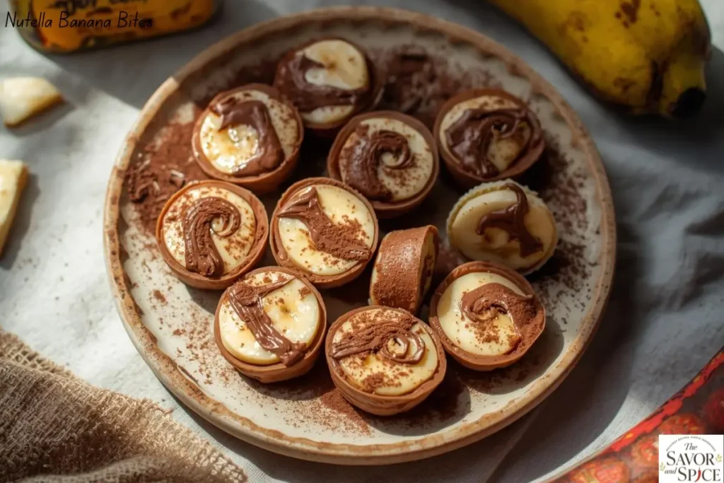 Mini Nutella banana bites on a tray, some halved showing creamy filling - easy 3-ingredient no-bake desserts, perfect quick snacks