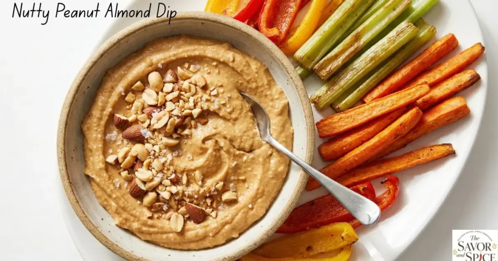 Nutty Peanut/Almond Dip - Easy Vegetable Dips for Vegetables served with carrot, celery, and bell pepper sticks.