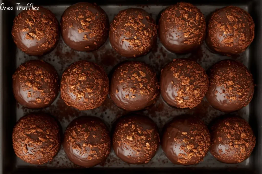 3-ingredient Oreo truffles coated in chocolate and dusted with cocoa powder, rich no-bake dessert for parties and holidays
