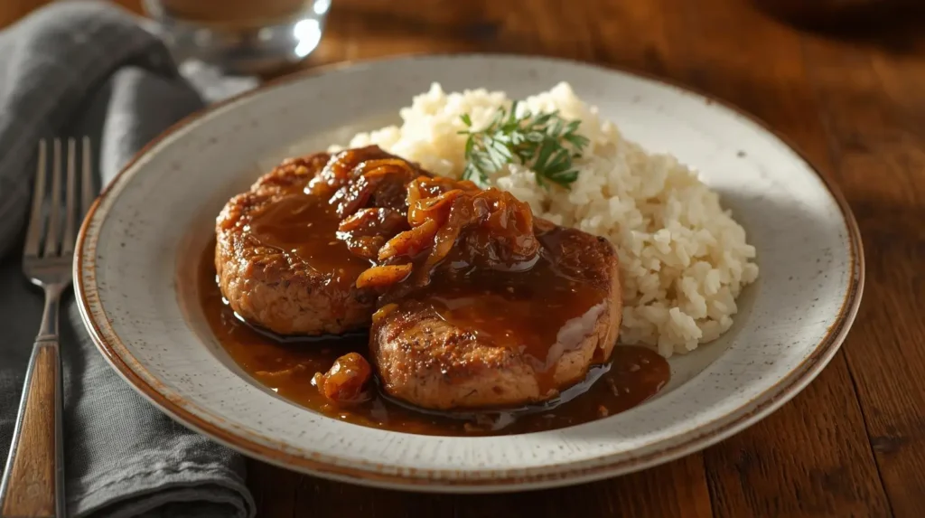 Oven Baked Hamburger Steaks with Onion Gravy served with garlic rice, vegetable fried rice, and air fryer asparagus - cozy family dinner.