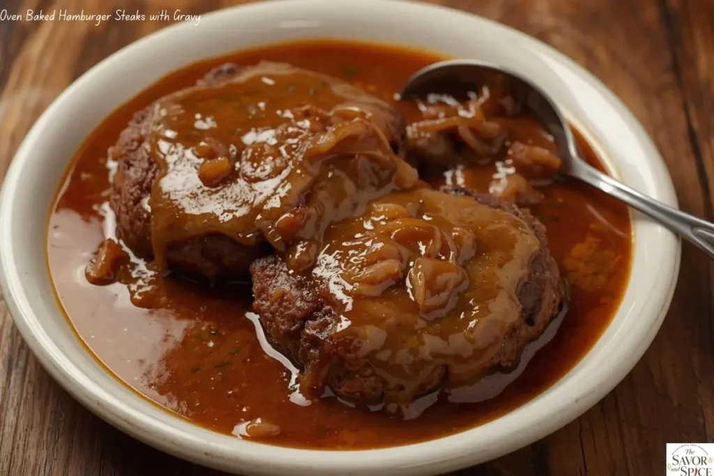 Oven Baked Hamburger Steaks with Onion Gravy - cozy family dinner.