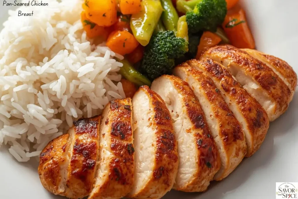 Juicy pan-seared chicken breast served with vegetables, high-protein chicken recipe under 30 minutes.
