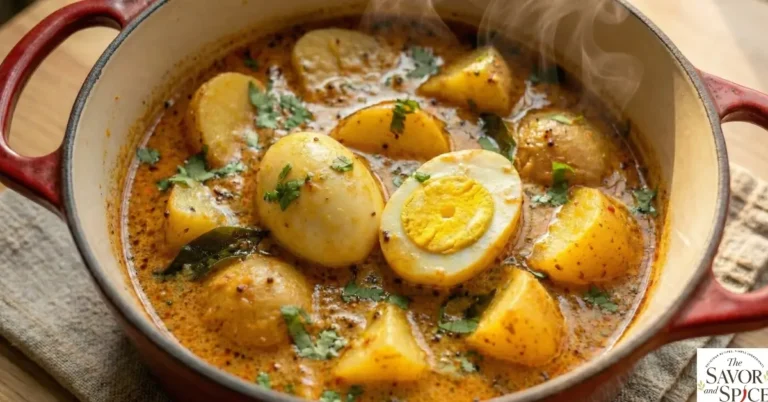 Potato Egg Curry Under $5 in a pot with boiled eggs and tender potatoes.