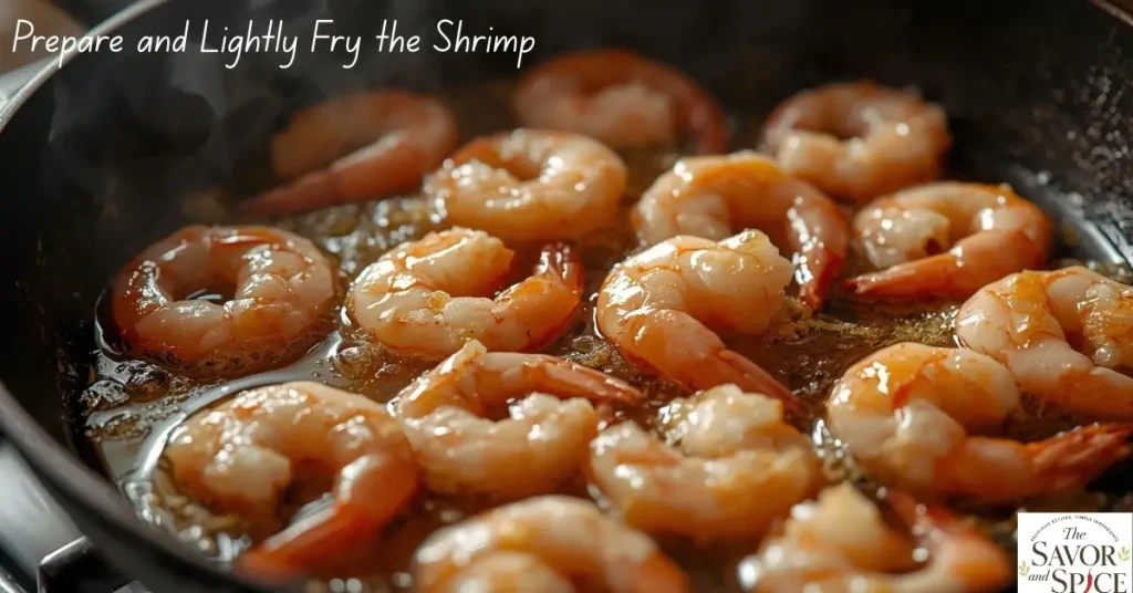 Fresh shrimp being lightly fried in mustard oil for Lau Chingri Bhaja, seasoned with turmeric and Bengali spices.