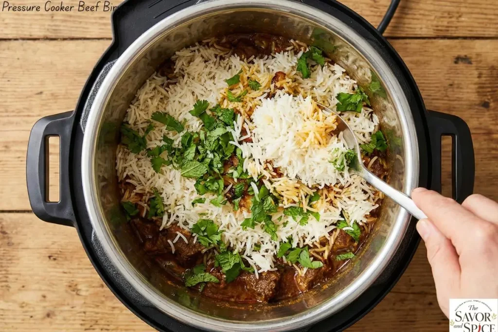 Basmati rice layered on top of beef and masala, garnished with fresh cilantro and mint in an Instant Pot.