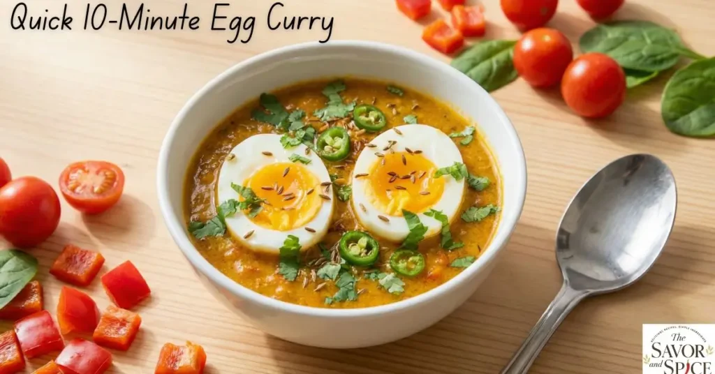 Quick 10-minute egg curry with soft-boiled eggs in golden sauce, garnished with cilantro, served in a white bowl – fast and flavorful breakfast under 10 minutes.