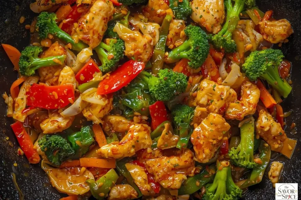 Colorful chicken stir fry with broccoli, bell peppers, and carrots, fast chicken recipe under 30 minutes.