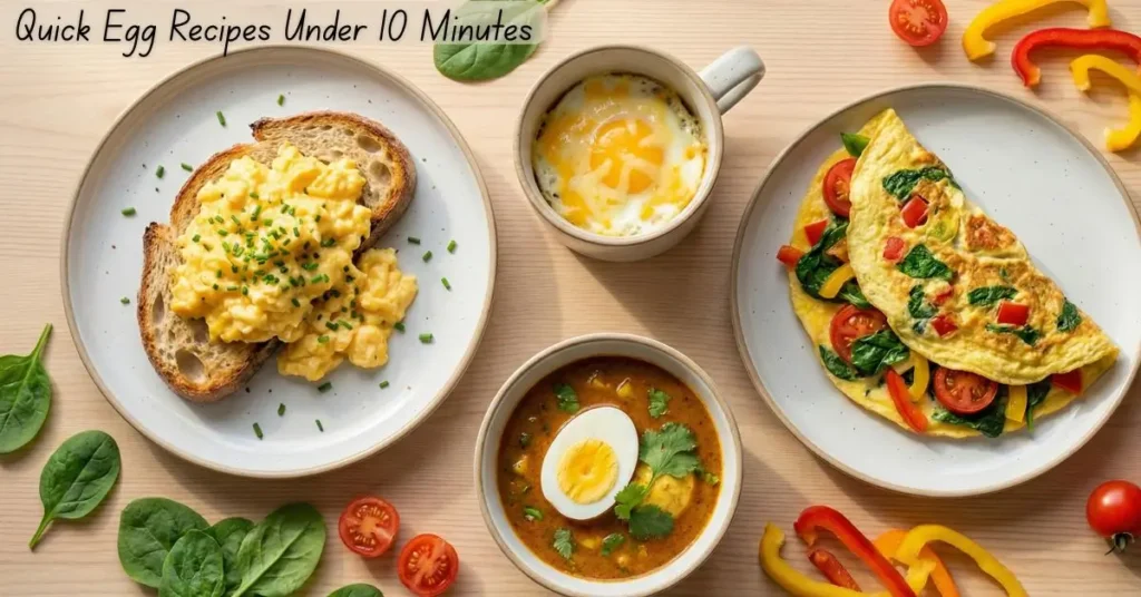 Quick Egg Recipes Under 10 Minutes - scrambled eggs on toast, microwave egg mug, veggie omelette, and 10-minute egg curry on a clean background.