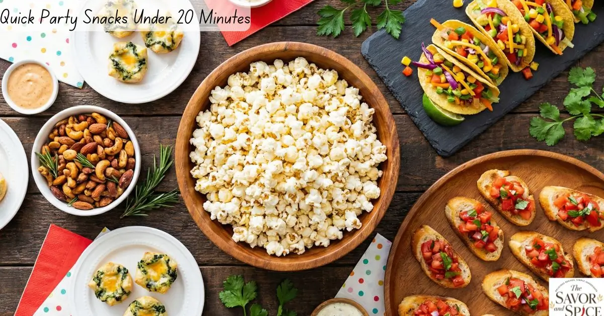 Quick party snacks under 20 minutes: garlic Parmesan popcorn, cheesy spinach puff bites, spicy roasted nuts, mini veggie tacos, and bruschetta, served beautifully on a table.