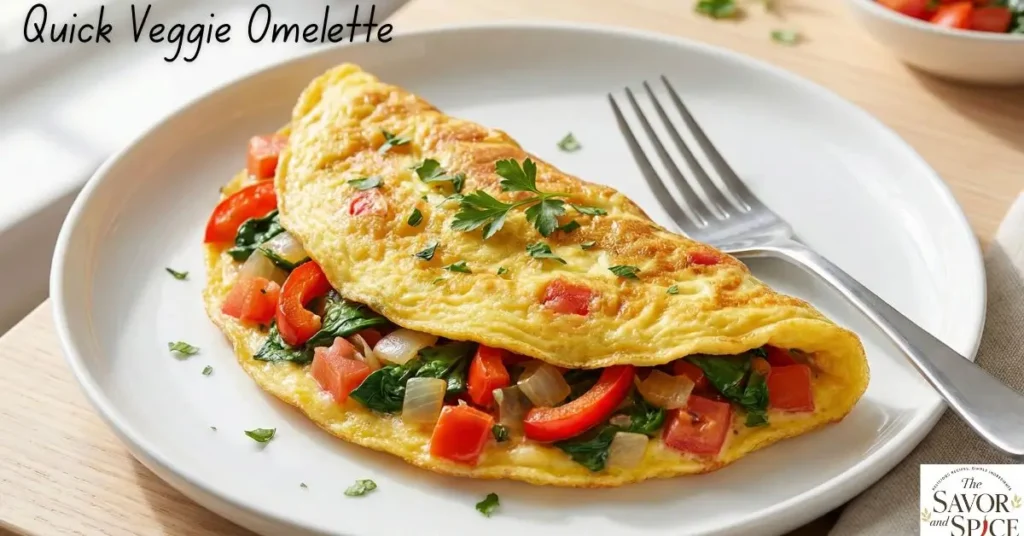 Quick veggie omelette with onions, tomatoes, spinach, and bell peppers on a white plate, fluffy and golden, a fast and healthy breakfast under 10 minutes.