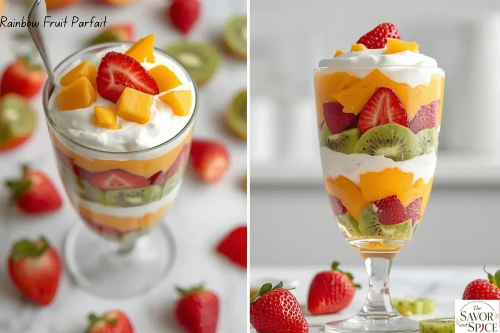 Layered rainbow fruit parfait in a clear glass with mango, whipped cream, strawberry, and kiwi - vibrant and easy 3-ingredient no-bake desserts perfect for parties
