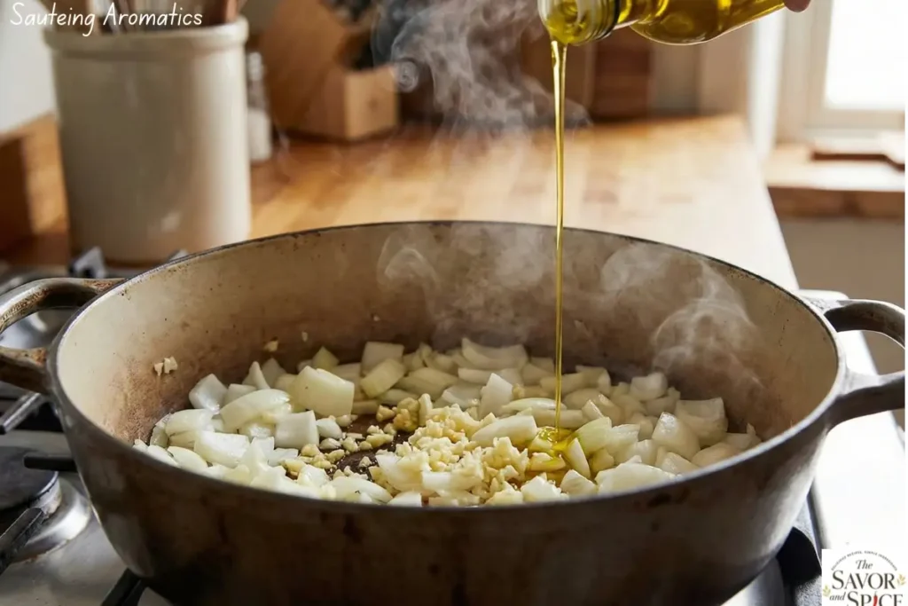 Sautéing onions and garlic for homemade cabbage soup.