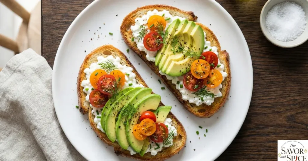 Savory cottage cheese toast topped with avocado and tomatoes for a high-protein breakfast.