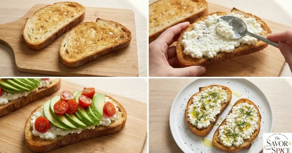 Savory cottage cheese toast variations with chili honey, egg, veggies, and seeds.