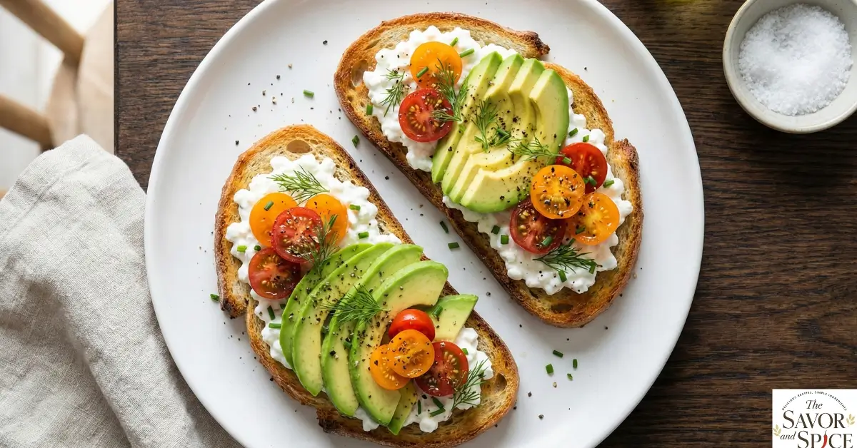 Savory cottage cheese toast topped with avocado and tomatoes for a high-protein breakfast.