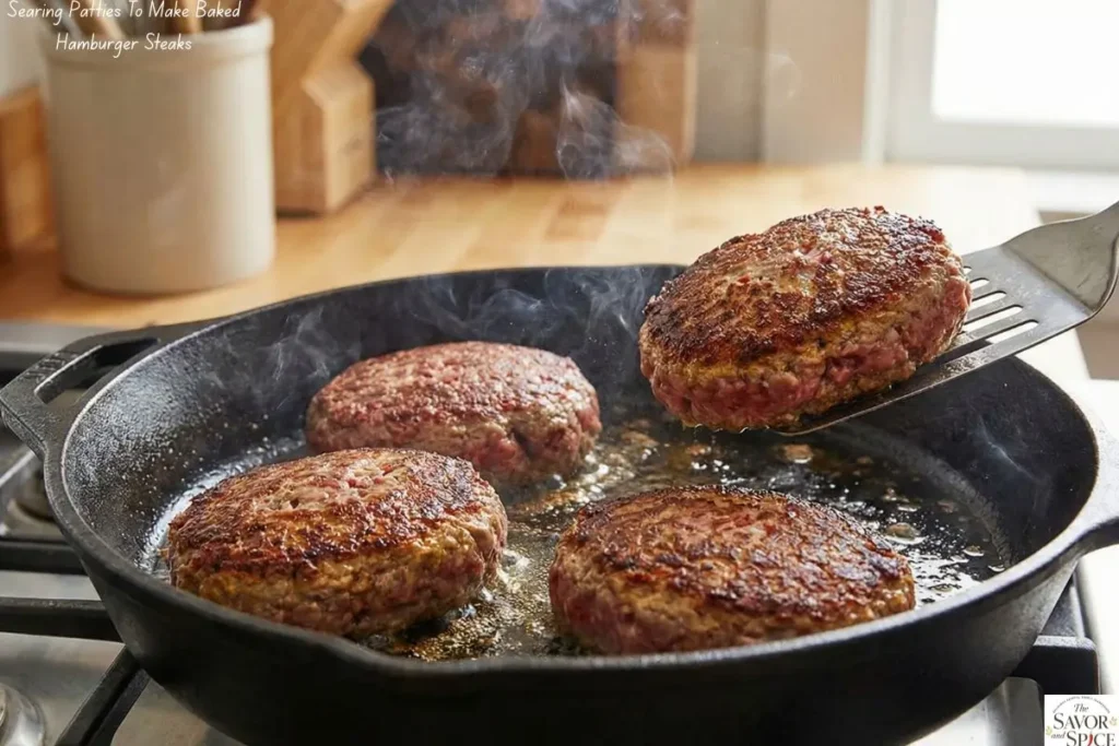 Searing hamburger steaks in skillet for a golden crust for oven-baked hamburger steaks.