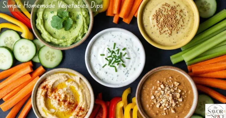 Colorful bowls of Simple Homemade Dips for Vegetables including Yogurt Garlic, Chickpea Hummus, Avocado Lemon, Nutty Peanut/Almond, and Mayo-Mustard Dip with fresh carrot, cucumber, and bell pepper sticks.