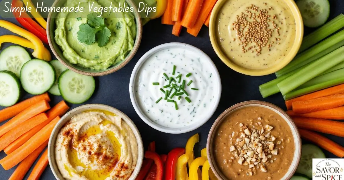 Colorful bowls of Simple Homemade Dips for Vegetables including Yogurt Garlic, Chickpea Hummus, Avocado Lemon, Nutty Peanut/Almond, and Mayo-Mustard Dip with fresh carrot, cucumber, and bell pepper sticks.