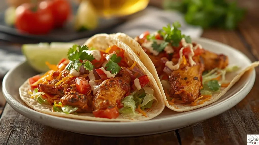 Homemade chicken tacos with spicy grilled chicken, vegetables, and creamy sauce.