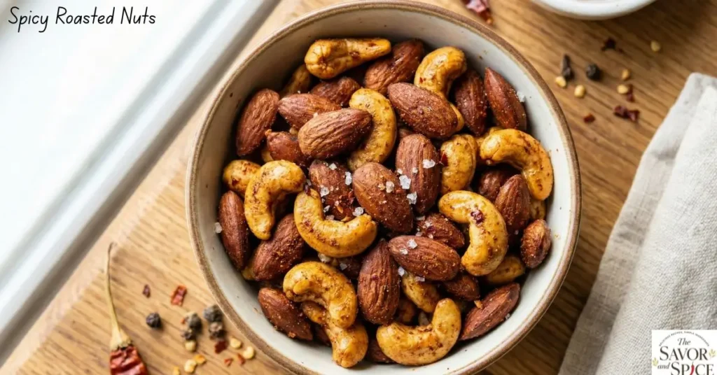 Spicy Roasted Nuts in a bowl, coated with smoked paprika, chili flakes, and spices.