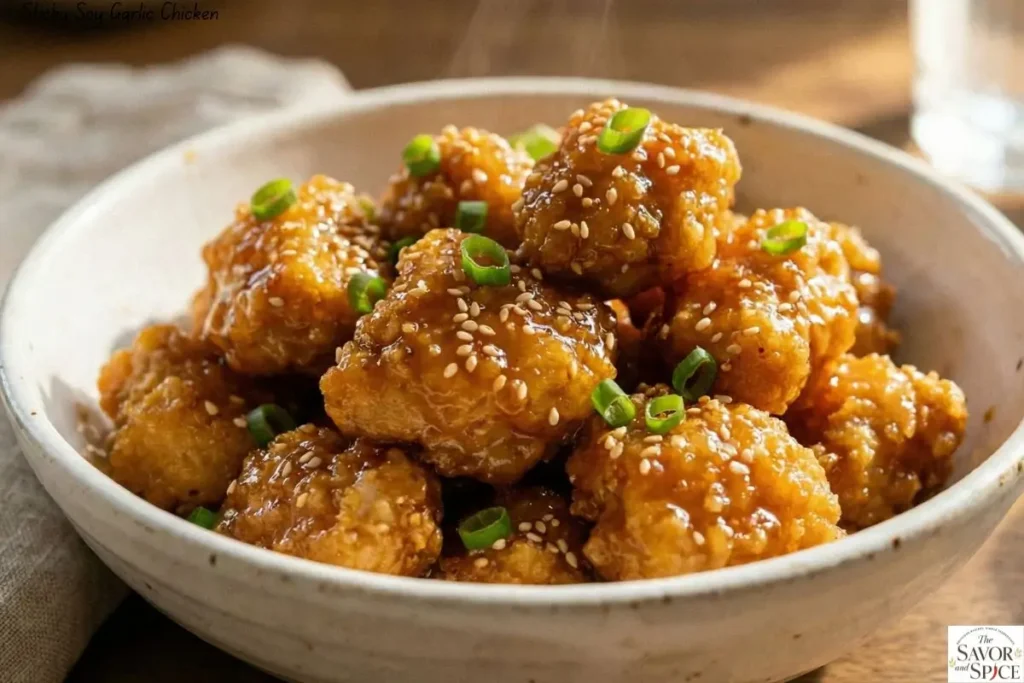 Sticky soy garlic chicken bites garnished with sesame seeds, easy chicken recipe under 30 minutes.