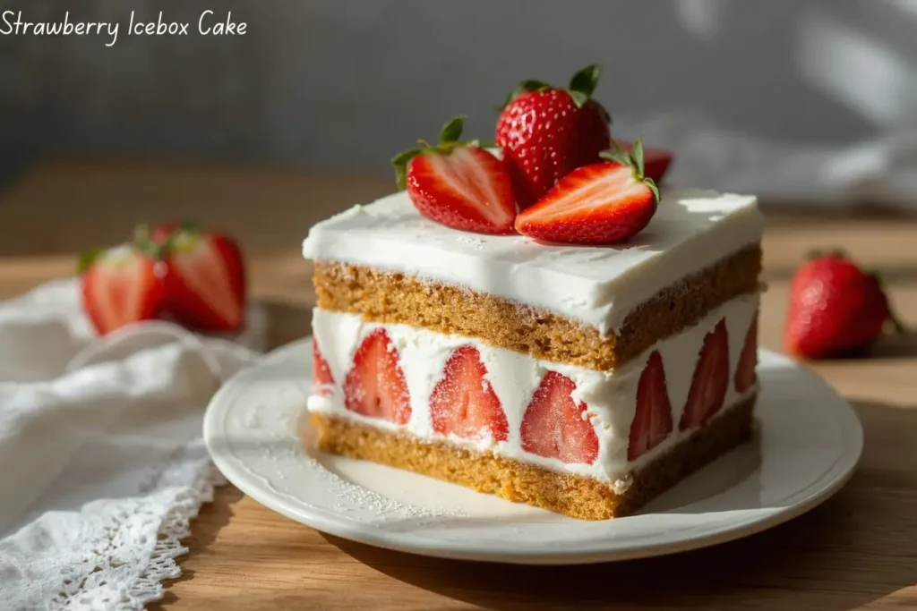 Easy 3-ingredient strawberry icebox cake with layers of graham crackers, whipped cream, and fresh strawberries, perfect no-bake summer dessert.