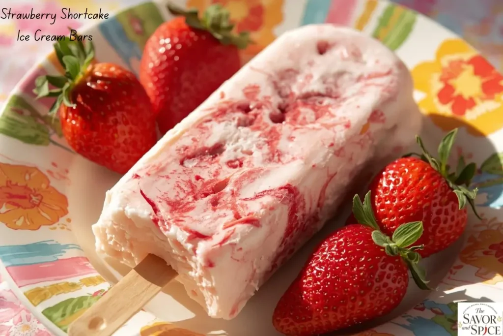 Strawberry shortcake ice cream bars on a summer plate with fresh strawberries - quick 3-ingredient no-bake desserts, colorful and refreshing treats.