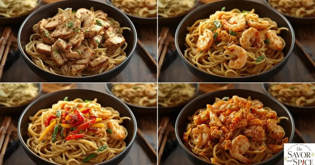 Garlic butter noodles variations with chicken, shrimp, bell peppers, and chilies.