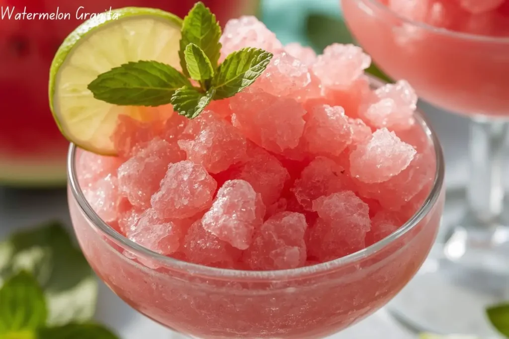 Icy watermelon granita with light fluffy texture and mint garnish, refreshing 3-ingredient summer frozen dessert